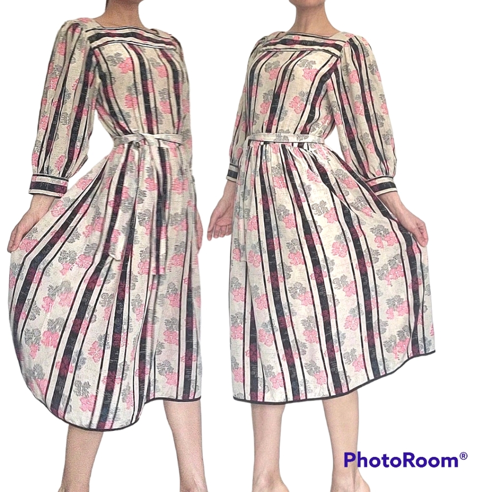 Vintage Silk Jack Mulqueen Stripy floral Balloon sleeve midi dress size M